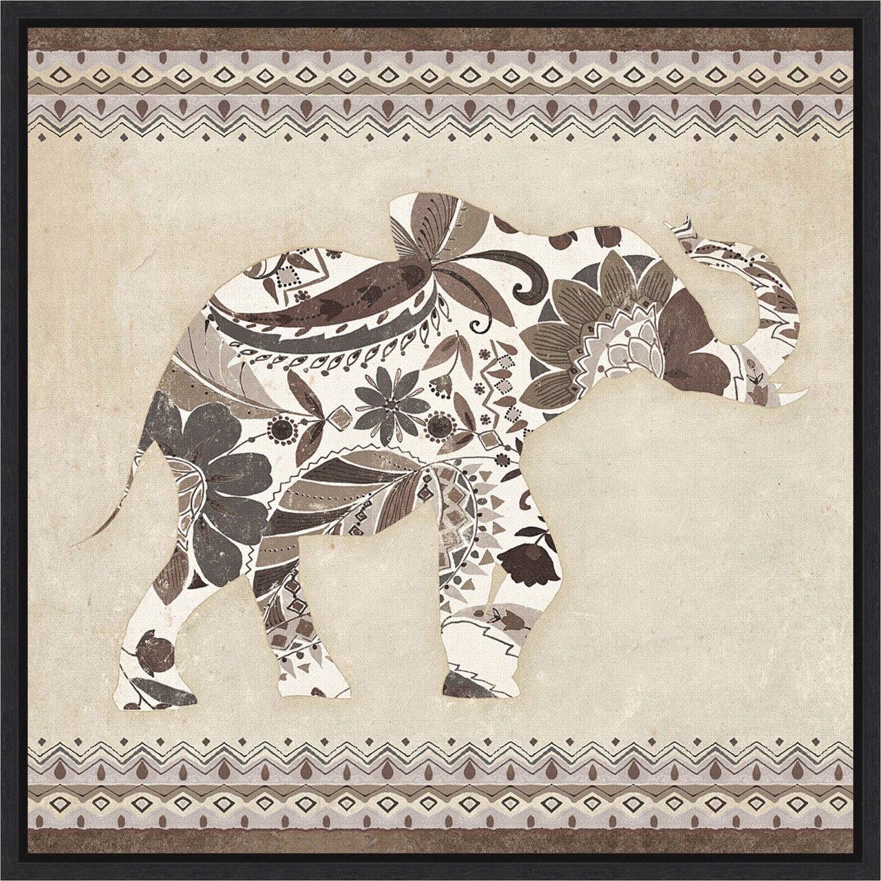 Boho Elephant I Neutral by Wild Apple Portfolio 16-in. W x 16-in. H. Canvas Wall Art Print Framed